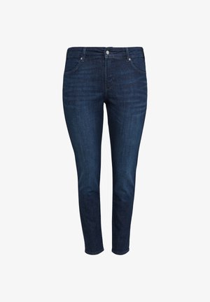 Jeans in denim blu scuro con un taglio slim, caratterizzati da un classico design a cinque tasche, chiusura con bottone e dettagli di sbiadimento discreti lungo le cosce.