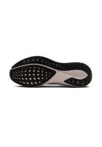 Black rubber shoe sole with a textured pattern, featuring a smooth white midsole and slight curve at the heel, designed for grip.