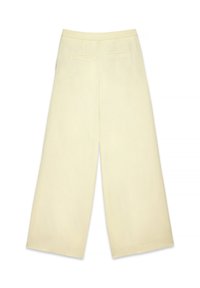 Gai dzeltenas plati bikses ar gludu tekstūru, kurām ir strukturēta jostasvieta un divi aizmugurējie kabatas.