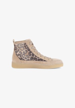 Beige high-top sneaker with lace-up front and leopard print mesh side panels, rubber sole, and gold eyelets.