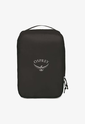Zwarte rechthoekige Osprey pakzak met ritsluiting en bovenhandgreep, met het Osprey-logo en een vogelafbeelding in het wit.