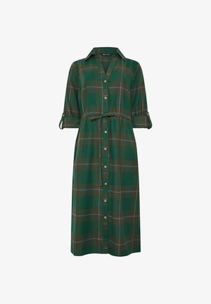 Groene geruite jurk met kraag, knoopsluiting aan de voorkant, driekwartmouwen, tailleband en contrasterende bruine en blauwe lijnen. Zachte stofstructuur.