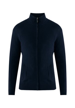 Navy zip-cardigan med tekstureret mønster, høj krave, to sidelommer og ribbede ærmer. Fremstillet af et blødt, strikket materiale.