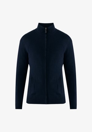 Navy zip-cardigan med tekstureret mønster, høj krave, to sidelommer og ribbede ærmer. Fremstillet af et blødt, strikket materiale.
