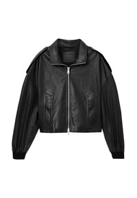 Giacca corta nera in pelle con zip frontale, spalle imbottite, due tasche frontali e polsini elastici. Texture liscia e design elegante.