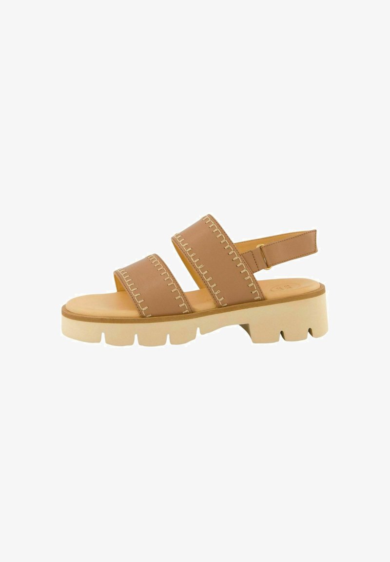 Braune Leder-Sandalen mit zwei breiten Riemen, Kontrastnähten und einer kräftigen beige Sohle mit Ausschnitten. Verstellbarer Riemen hinten inklusive.