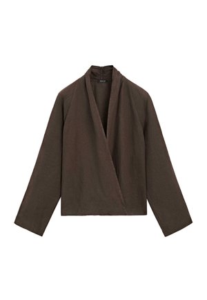 Veste cache-cœur marron foncé à manches longues avec un col en V et un ourlet droit, présentée à plat sur un fond blanc.