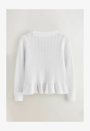 Valge nööpide kudumisega sviiter, millel on pikad varrukad, ümar kaelus ja volditud ääred allservas. Tekstuuriga kangas lisab sügavust.