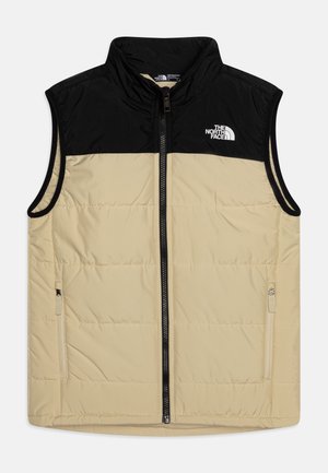 Puf vest med en sort øverste sektion og en beige nederste sektion, lynlås lukning, sidelommer og The North Face logo på brystet.