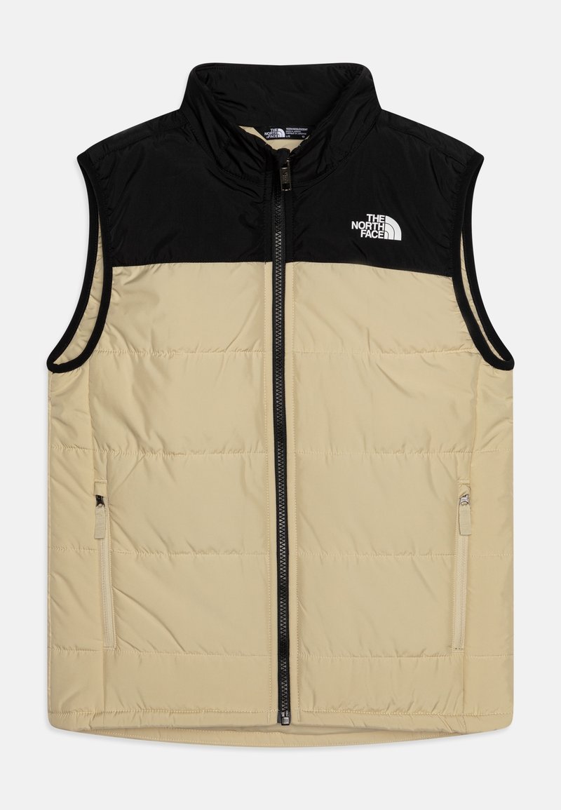 En pufferväst med svart överdel och beige underdel, dragkedjestängning, sidofickor och The North Face-logotyp på bröstet.