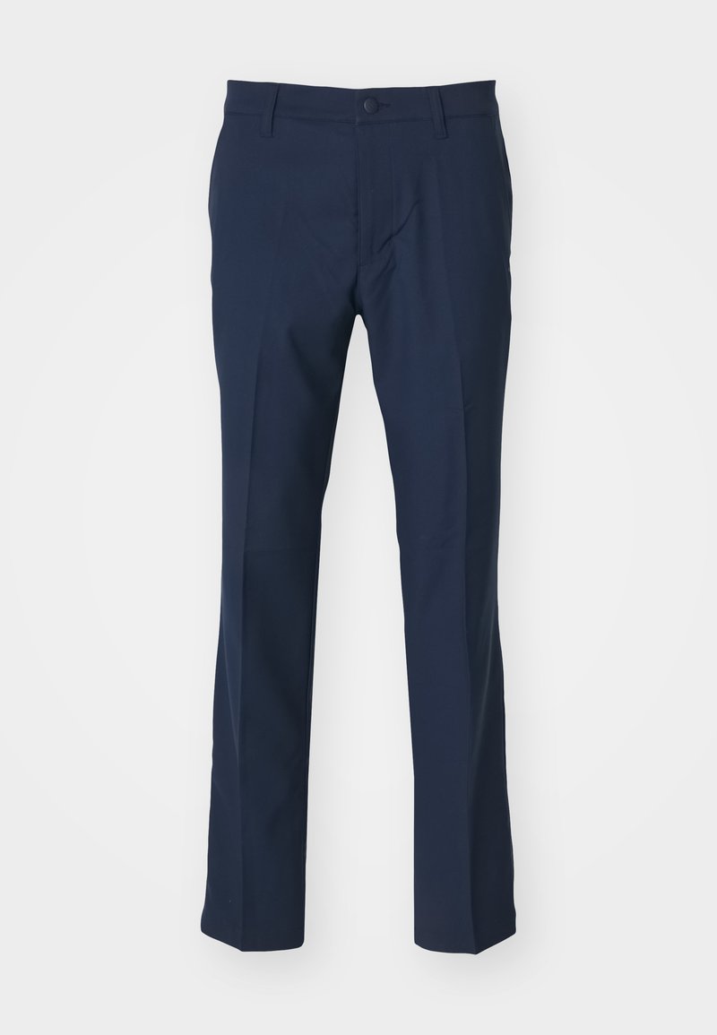 Pantalons bleu marine en tissu lisse, avec un design à jambe droite, fermeture par un unique bouton à l'avant, et sans motifs ni accents visibles.