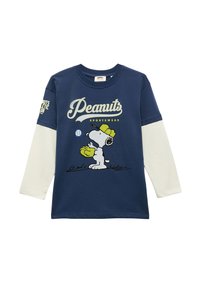 Granatowa koszulka z długim rękawem z białymi rękawami, z grafiką psa w żółtej czapce i rękawiczkach, z napisem "Peanuts Sportswear."