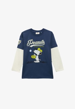 Granatowa koszulka z długim rękawem z białymi rękawami, z grafiką psa w żółtej czapce i rękawiczkach, z napisem "Peanuts Sportswear."