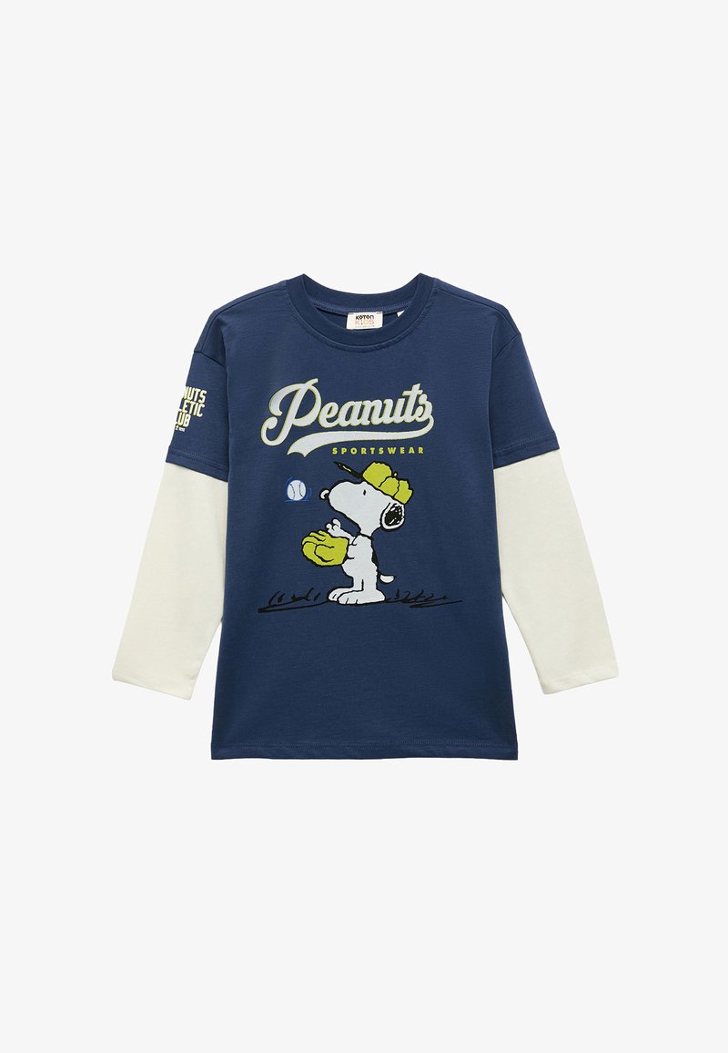 Marineblaues Langarm-T-Shirt mit weißen Ärmeln, versehen mit einem Cartoon-Hund, der eine gelbe Kappe und Handschuhe trägt, sowie dem Text "Peanuts Sportswear".