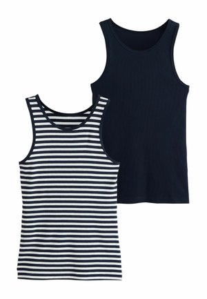 Deux débardeurs sans manches côtelés, un bleu marine uni et un bleu marine avec des rayures horizontales blanches.