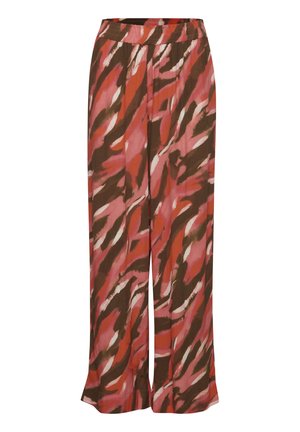 Løse, vide bukser i et farverigt abstrakt mønster med nuancer af pink, rød og brun. Elastisk talje og glat stof tekstur.