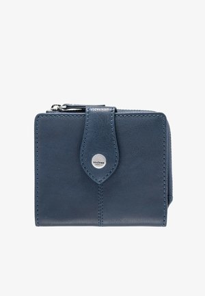 Navy-blue leather wallet with a textured finish, a front clasp, and silver-colored branding detail. Zipper closure featured at the top.