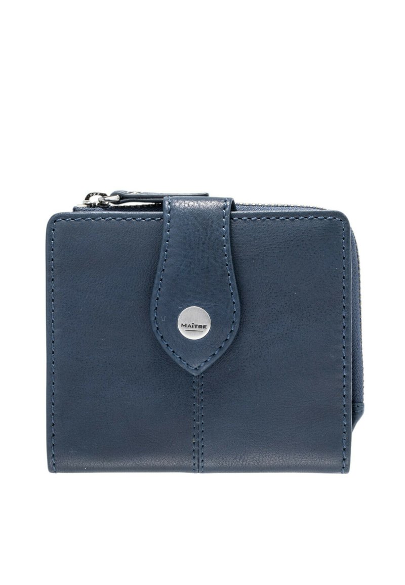 Navy-blue leather wallet with a textured finish, a front clasp, and silver-colored branding detail. Zipper closure featured at the top.