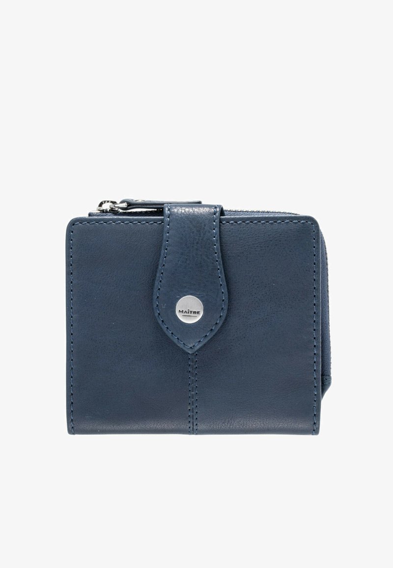 Navyblaues Lederportemonnaie mit strukturierter Oberfläche, einem vorderen Verschluss und silberfarbenen Branding-Details. Reißverschlussverschluss oben.