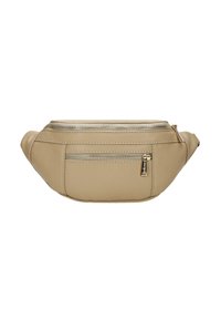 Marsupio in pelle beige con un compartimento principale con zip e tasca frontale. Presenta una texture liscia e un design arrotondato per un indossamento ergonomico.