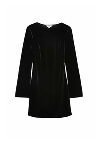 Schwarzes Samtkleid mit runder Ausschnitt, langen Ärmeln und einem leicht lockeren Schnitt. Hat eine Textur und einen subtilen Glanz ohne Verzierungen.