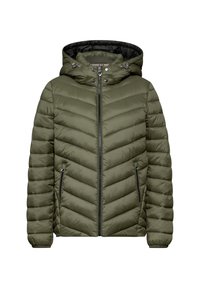 Veste rembourrée vert olive avec capuche, design en chevrons, fermeture éclair sur le devant et deux poches latérales zippées. Texture lisse.