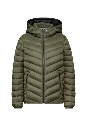 Olivenfarbene, puffige Jacke mit Kapuze, im Chevron-Quilt-Design, mit Frontreißverschluss und zwei seitlichen Reißverschlusstaschen. Glatte Textur.