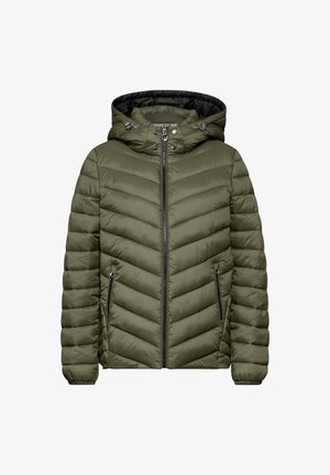 Olivenfarbene, puffige Jacke mit Kapuze, im Chevron-Quilt-Design, mit Frontreißverschluss und zwei seitlichen Reißverschlusstaschen. Glatte Textur.