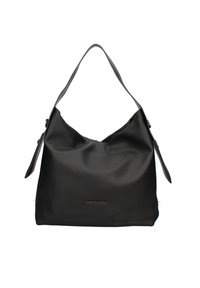 Borsa a spalla in pelle nera con superficie texturizzata, design hobo, tracolla singola e un sottile dettaglio del logo sul davanti.