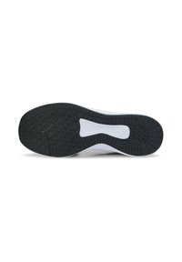Suela de goma negra con patrón de agarre texturizado y entresuela blanca, que presenta un acabado suave y bordes curvados para mayor comodidad.