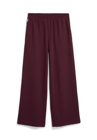 Burgunderfarbene weite Hosen mit einem elastischen Bund, aus weichem Stoff gefertigt, mit glatter Textur und ohne sichtbare Taschen.