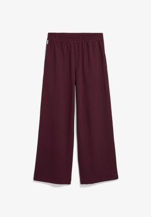 Burgundy wide-leg trousers with an elastic waistband, made from soft fabric, featuring a smooth texture and no visible pockets.