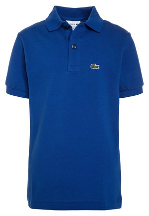 Blauwe korte mouwen polo gemaakt van gestructureerde katoen, met een kraag en een klein groen krokodillenlogo op de linkerkant van de borst.