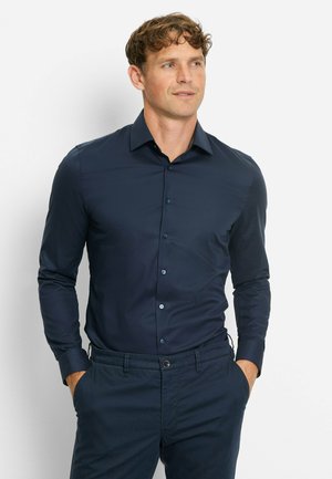 Navy blue long-sleeve shirt made of smooth fabric with a standard collar, button placket, and buttons matching the shirt color.