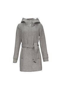 Manteau en mélange de laine gris avec une capuche, taille ceinturée, deux poches zippées et longues manches avec des poignets repliés. Tissu texturé avec une finition lisse.