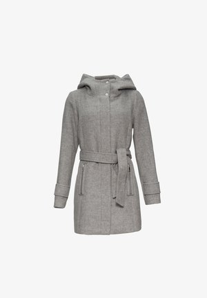 Cappotto grigio in misto lana con cappuccio, vita con cintura, due tasche con zip e maniche lunghe con polsini ripiegati. Tessuto testurizzato con una finitura liscia.