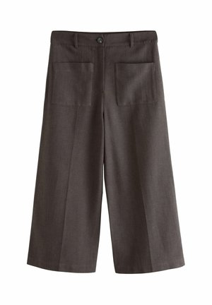 Dark brown wide-leg trousers made of textured fabric, featuring a button closure and two front pockets. Tailored for a loose fit.