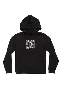 Zwarte hoodie van een katoenmix, met een voorste kangoeroe-pocket en een grafische print in het wit met verschillende schedels.