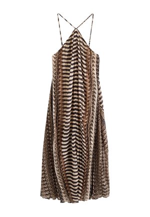 Sukienka maxi w brązowo-beżowy nadruk zwierzęcy, z cienkimi, krzyżowanymi ramiączkami i zwiewną, plisowaną spódnicą.