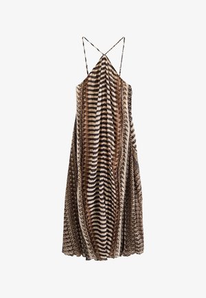 Maksi haljina smeđe i bež životinjske uzorka s tankim križnim naramenicama i lepršavom, plisiranom suknjom.