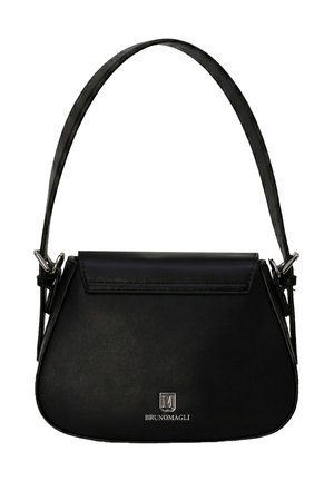 Schwarze Lederschultertasche von Bruno Magli mit Klappverschluss und einem einzelnen Riemen, der mit Metallringen befestigt ist.