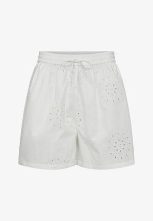 Weiße Baumwollshorts mit elastischem Bund und Kordelzug, mit bestickten Lochblumenmustern, gleichmäßig vorne und an den Seiten verteilt.