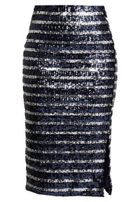 Sequin pencil skirt with navy and silver striped pattern, knee-length, and side slit for ease of movement. Smooth texture with reflective surface.