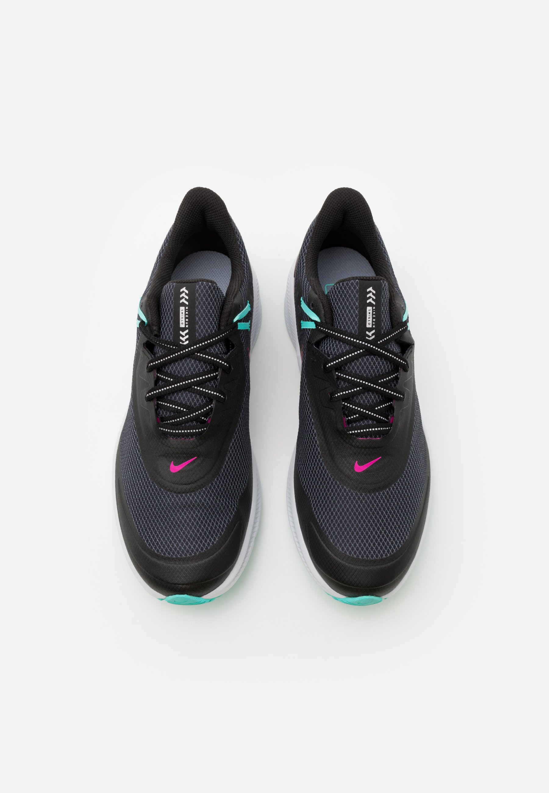 Nike Performance QUEST 3 SHIELD - Neutral running shoes - black/fire  pink/obsidian mist/aurora green/chrome/football grey/blue - Zalando.de