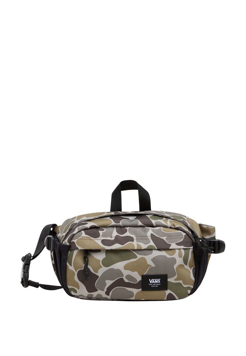 Borsa a tracolla camouflage in tonalità grigie, oliva e beige. Presenta una maniglia superiore, una tracolla regolabile e una tasca frontale con zip e etichetta del marchio.