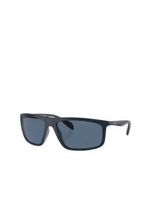 Occhiali da sole con montatura in plastica opaca blu navy e lenti scure. Presentano lati angolati ed ergonomici e un dettaglio del logo discreto sulle aste.