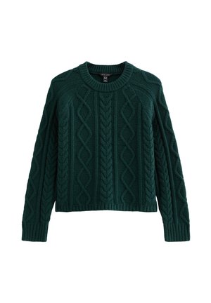 Dunkelgrüner gestrickter Pullover mit Rundhalsausschnitt, ausgestattet mit einem strukturierten Kabelmuster sowie gerippten Bündchen und Saum. Bequeme und kastige Passform.