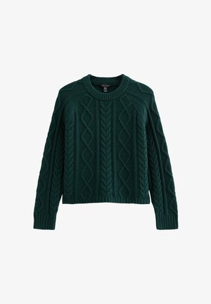 Donkergroene gebreide trui met een ronde hals, voorzien van een textuur van kabelpatroon en ribgebreide manchetten en onderkant. Comfortabele en losse pasvorm.