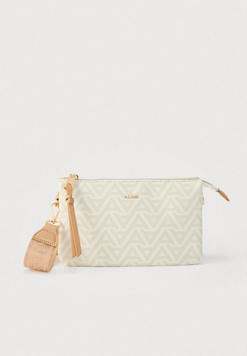 Beige glidelåspose med et geometrisk mønster i lysere nyanser, med avtagbar stropp og gullfargede metallaksenter.
