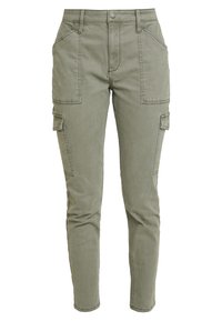 Kaki cargo byxor med flera fickor, en figursydd design och en lätt avsmalnande ben. Tillverkade av slitstarkt bomullsmaterial med en mjuk yta.